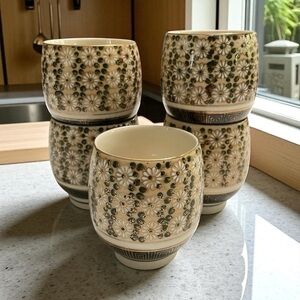 Japanese Showa Retro Kutani Ware Teacup 5 Set Gold Chrysanthemum, Used Condition